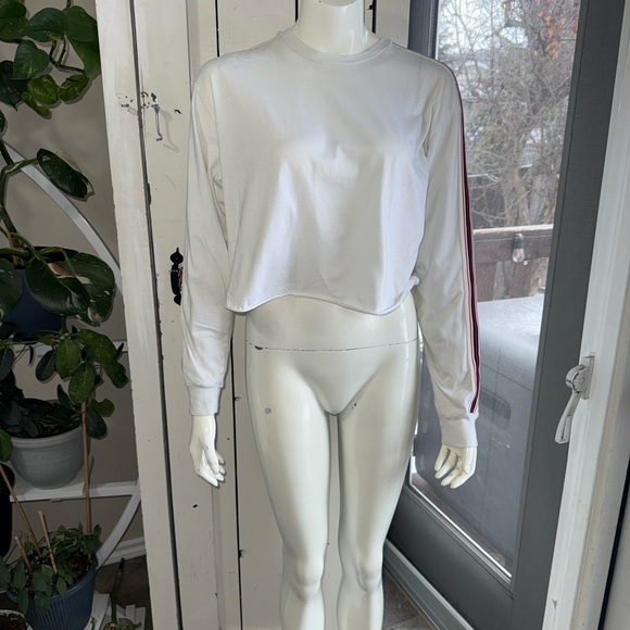 TNA Aritzia White Cropped Long Sleeve Top with Red/blue Stripe oversizedSm - Picture 2 of 9